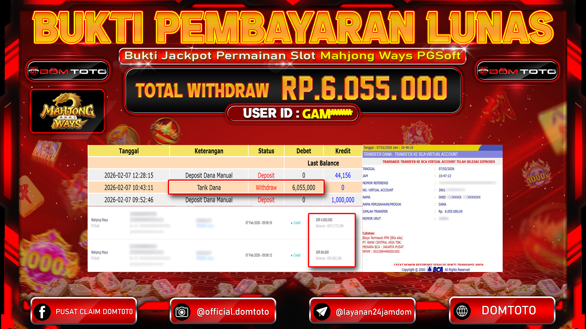 JACKPOT SLOT Mahjong Ways PGSoft 07 FEBRUARI 2026